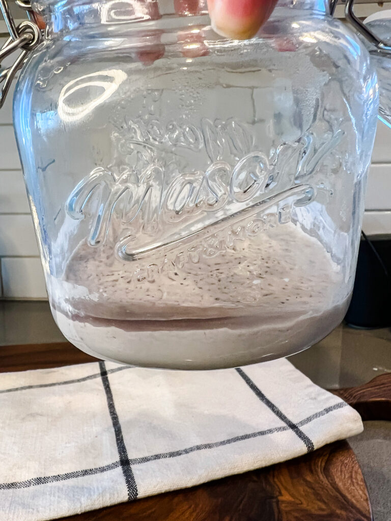 A jar of sourdough starter with a layer of hooch on the edges